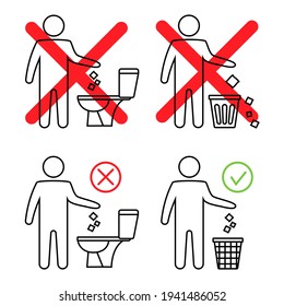 Do Not Litter In The Toilet. Toilet No Trash. Keeping The Clean. Man Littering In Toilet. Forbidden Icon. Throwing Garbage In A Bin. Editable Stroke. Vector, Isolated On White Background