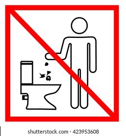 Do not litter in toilet sign. No throw in toilet symbol in red square. Silhouette man on white background. Flat vector image. Vector illustration.