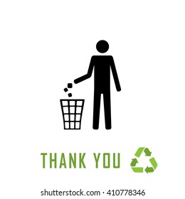 Do not litter, vector sign on white background. people throw garbage in the trash. inscription - thank you for recycling