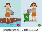 do not littering illustration boy right and wrong behavior throwing trash in rubbish bin and on the river