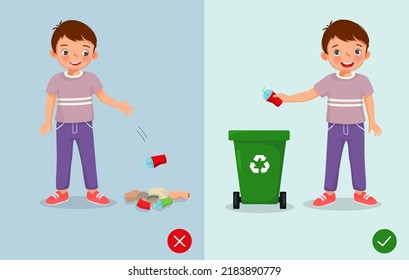 niños tirando basura en la papelera de reciclaje. niños contaminando el  medio ambiente vector de dibujos animados 14901173 Vector en Vecteezy
