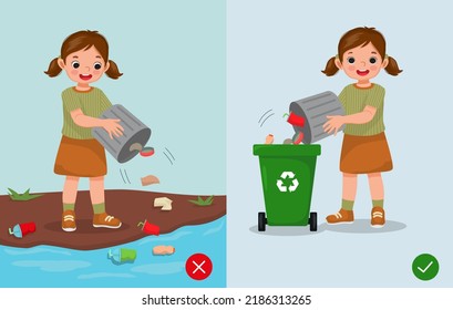 do not littering illustration boy right and wrong behavior throwing trash in rubbish bin and on the river - Shutterstock ID 2186313265