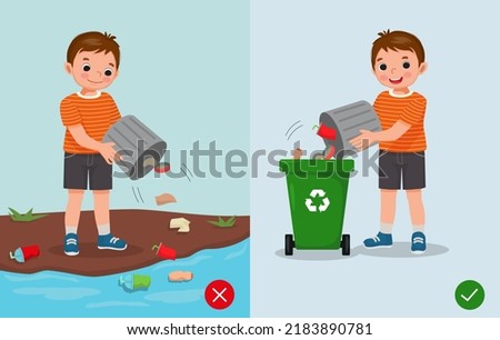 do not littering illustration boy right and wrong behavior throwing trash in rubbish bin and on the river