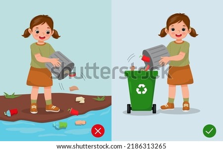 do not littering illustration boy right and wrong behavior throwing trash in rubbish bin and on the river