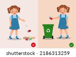 do not littering illustration girl right and wrong behavior throwing trash in rubbish bin and on the ground 