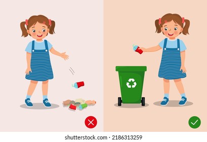 do not littering illustration girl right and wrong behavior throwing trash in rubbish bin and on the ground 