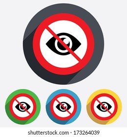 Do not look. Eye sign icon. Publish content button. Visibility. Red circle prohibition sign. Stop flat symbol. Vector