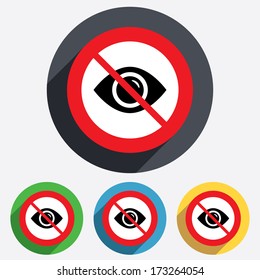 Do not look. Eye sign icon. Publish content button. Visibility. Red circle prohibition sign. Stop flat symbol. Vector