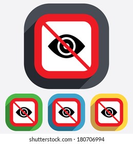 Do not look. Eye sign icon. Publish content button. Visibility. Red square prohibition sign. Stop flat symbol. Vector