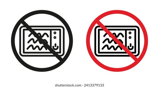 Do not microwave icon set. Ban heat food in oven vector symbol in a black filled and outlined style. Not safe heating food sign.