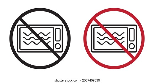 Do not microwave symbol. Oven icon in crossed circle with text under. Black and white, red version. Vector illustration