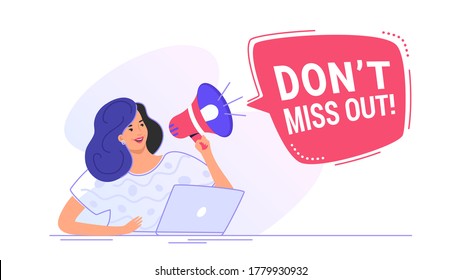 Do not miss out loudspeaker banner to remind something for a community. Flat line vector illustration of cute woman sitting with laptop and shouting with red megaphone. Announcement or alert on white
