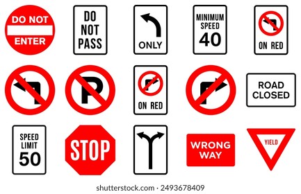 Do Not No Pass Set Turn on Red Left Right Speed Limit 50 No Parking Sign Road Traffic Regulatory Signage Vector EPS PNG Transparent No Background Clip Art 