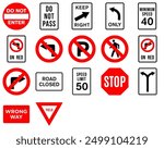 Do Not No Pedestrian Crossing Pass Set Turn on Red Keep Left Right Speed Limit 50 No Parking Sign Road Traffic Regulatory Signage Vector EPS PNG Transparent No Background Clip Art 