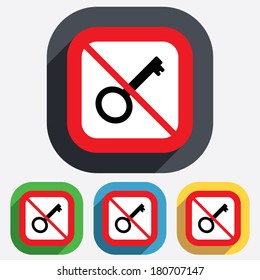 Do not open. Key sign icon. Unlock tool symbol. Red square prohibition sign. Stop flat symbol. Vector