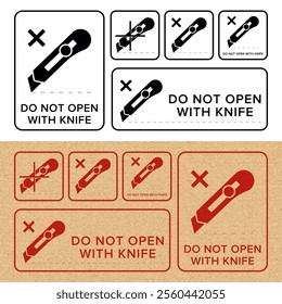 Do Not Open With Knife. Protective Packaging Instruction. Packaging Symbol. Sign and Label Indicating Items That Require Opening Without Blades to Avoid Damage to Contents or Packaging. No Knives