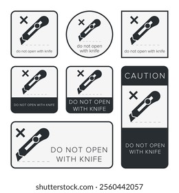 Do Not Open With Knife. Protective Packaging Instruction. Packaging Symbol. Sign and Label Indicating Items That Require Opening Without Blades to Avoid Damage to Contents or Packaging. No Knives