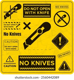 Do Not Open With Knife. Protective Packaging Instruction. Packaging Symbol. Sign and Label Indicating Items That Require Opening Without Blades to Avoid Damage to Contents or Packaging. No Knives