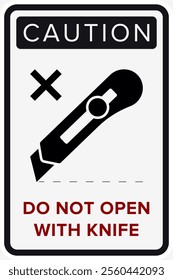 Do Not Open With Knife. Protective Packaging Instruction. Packaging Symbol. Sign and Label Indicating Items That Require Opening Without Blades to Avoid Damage to Contents or Packaging. No Knives