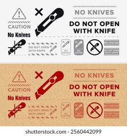 Do Not Open With Knife. Protective Packaging Instruction. Packaging Symbol. Sign and Label Indicating Items That Require Opening Without Blades to Avoid Damage to Contents or Packaging. No Knives