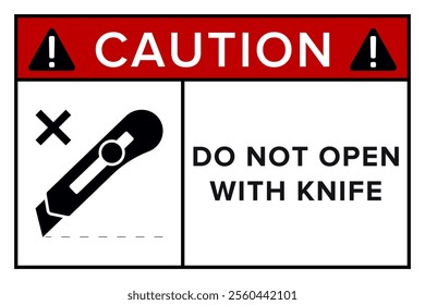 Do Not Open With Knife. Protective Packaging Instruction. Packaging Symbol. Sign and Label Indicating Items That Require Opening Without Blades to Avoid Damage to Contents or Packaging. No Knives