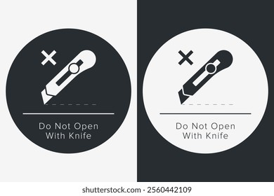 Do Not Open With Knife. Protective Packaging Instruction. Packaging Symbol. Sign and Label Indicating Items That Require Opening Without Blades to Avoid Damage to Contents or Packaging. No Knives