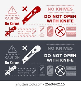 Do Not Open With Knife. Protective Packaging Instruction. Packaging Symbol. Sign and Label Indicating Items That Require Opening Without Blades to Avoid Damage to Contents or Packaging. No Knives