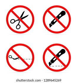 Do not open with a knife or scissors. Cut line with scissors and stationery knife. No, Ban or Stop signs