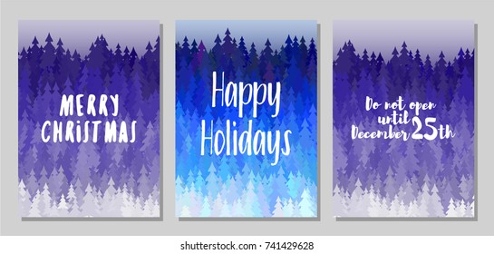 Do Not Open Until December 25, Happy Holidays, Merry Christmas Cards. Winter Forest Panorama With Blue Christmas Trees Landscape. Winter Scene Background With Fir Trees. Greeting Card Templates.