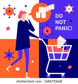 Do not panic - flat design style illustration. Coronavirus protective measure, recommendation. A composition with a frightened woman with a shopping cart purchasing goods, stockpiling toilet paper