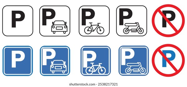 No estacione la Ilustración vectorial de símbolos con advertencia de precaución para las áreas de transporte público. Símbolos de estacionamiento colección.