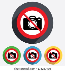 Do not Photo camera sign icon. Digital photo camera symbol. Red circle prohibition sign. Stop flat symbol. Vector