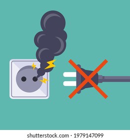 do not plug electrical appliances into a broken socket. flat vector illustration.