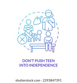 No empuje al adolescente al icono de concepto de degradado azul de independencia. Una apacible ilustración de la delgada línea de la idea abstracta de la crianza infantil. Dibujo de contorno aislado. Se usa una fuente Myriad Pro-Bold
