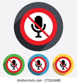 Do not record. Microphone icon. Speaker symbol. Live music sign. Red circle prohibition sign. Stop flat symbol. Vector