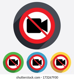 Do not record. Video camera sign icon. Video content button. Red circle prohibition sign. Stop flat symbol. Vector