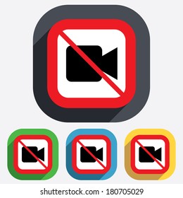 Do not record. Video camera sign icon. Video content button. Red square prohibition sign. Stop flat symbol. Vector