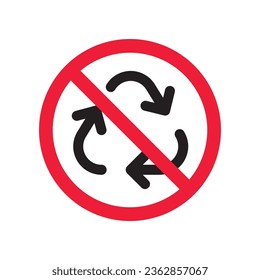 No reciclar icono. Icono vectorial de reciclaje prohibido. No hay icono de reciclaje. Icono de reciclaje prohibido. Advertencia, precaución, atención, restricción, diseño de señales llanas de peligro. No ensuciar, mantener el signo limpio