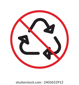 No reciclar icono. Icono vectorial de reciclaje prohibido. No hay icono de reciclaje. Icono de reciclaje prohibido. Advertencia, precaución, atención, restricción, diseño de señales llanas de peligro. No ensuciar, mantener el signo limpio