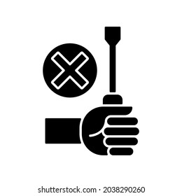 Do not repair yourself black glyph manual label icon. Do not attempt fix device yourself. Silhouette symbol on white space. Vector isolated illustration for product use instructions