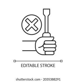 Do not repair yourself linear manual label icon. Repair service. Thin line customizable illustration. Contour symbol. Vector isolated outline drawing for product use instructions. Editable stroke