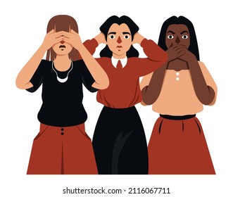 Do not see or hear evil, do not talk about it. Three young women, one has her eyes closed, the other has her ears, the third has her mouth. Isolated image on a white background. Vector.