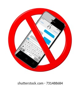 Do not send messages, do not use mobile phone. Prohibition sign or no sign vector isolated. Stop sign on a white background.