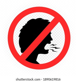 Do not shout woman prohibition sign symbol on white transparent background. No loud talking. Keep calmly communication sticker