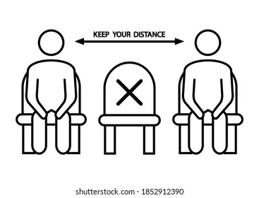 Do not sit here. Forbidden icon for seat. Social distancing, physical distancing sitting in a public chair, outline icon. Keep your distance. Vector illustration