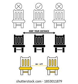 Do not sit here. Forbidden seating, icon. Signage for restaurants and public places. Social distancing, physical distancing sitting in a public chair, outline icon. Keep your distance. Vector 