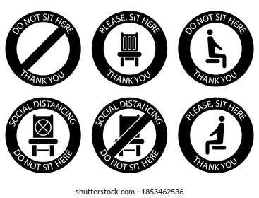 Do not sit here. Forbidden icons for seat. Safe social distancing when sitting in a public chair. Glyph icons. Lockdown rule. Keep your distance when you are sitting. Forbidden chair. Vector
