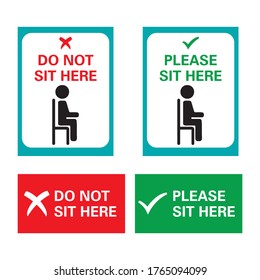 Do Not sit here & Please Sit here, Covid-19 poster. Signs for Office, shops, stores, hairdressers, bars, restaurants.