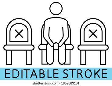 Do not sit here. Signage for restaurants and public places or transport. Keep your distance when you are sitting. Editable stroke. Man on the chair. Keep your distance. Vector illustration