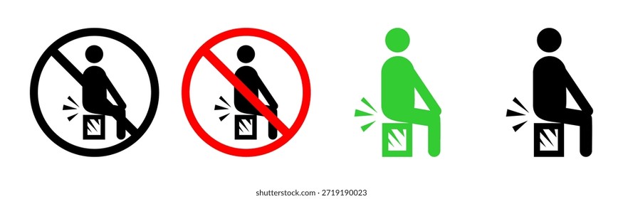 No se siente en la caja: Manejo y símbolos de seguridad, Posición de sentado prohibida: Iconos de advertencia de contenido frágil, Pictogramas de restricción de sentado para paquetes y cajas